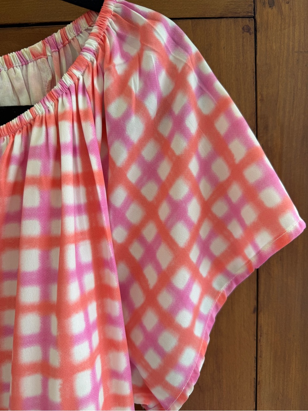 THML Pink and White Check Tie-Neck Tiered Dress with Teal Tassels - Picture 5 of 5